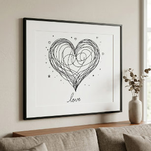 Whimsical Line Art Heart with Love Design Photo Print