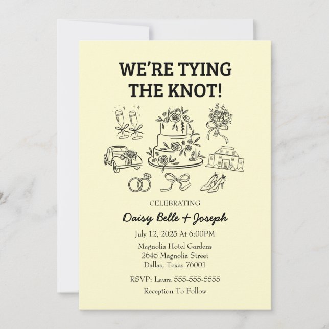 Whimsical Line Art Wedding Yellow Invitation (Front)