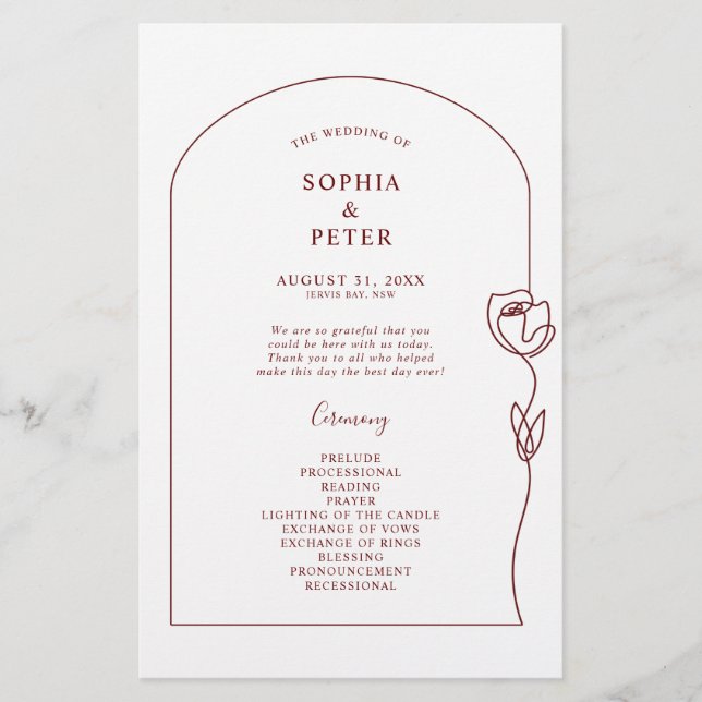 Whimsical Line Rose Arch Ceremony Program (Front)