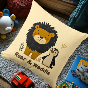 Whimsical Lion and Penguin Nursery Illustration  ✔ Cushion