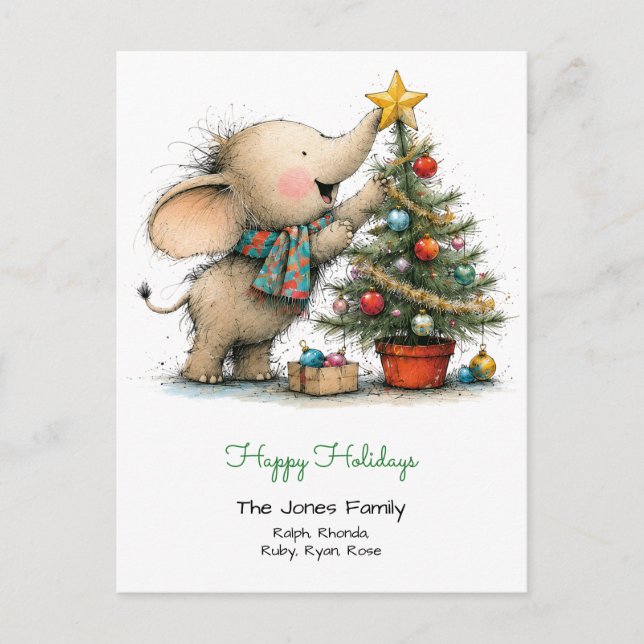 Whimsical Little Elephant with Christmas Tree Postcard (Front)