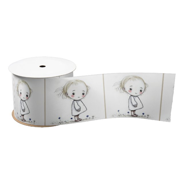 Whimsical Little Girl Doodle In Wildflowers Satin Ribbon (Spool)