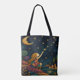 WHIMSICAL LITTLE GIRL REACHING FOR STARS TOTE BAG