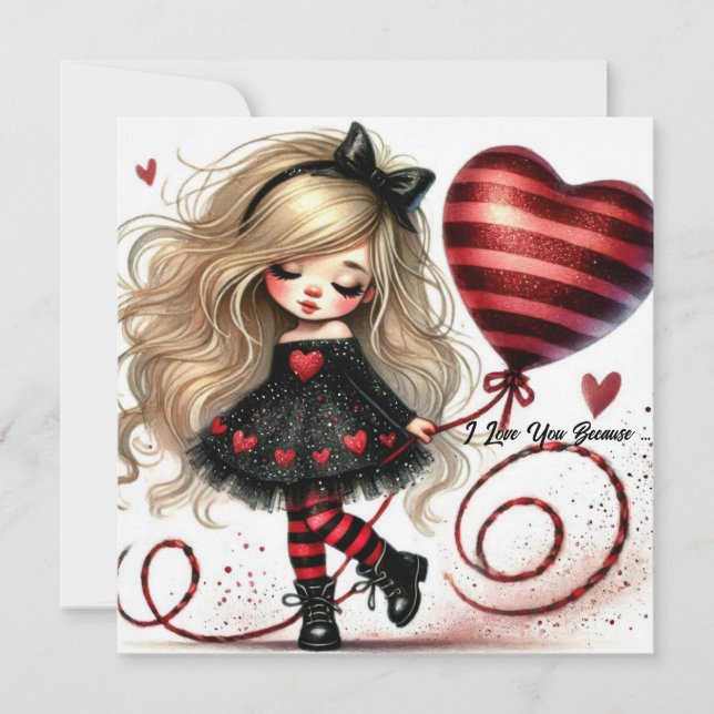 Whimsical Little girl red glitter heart balloon Holiday Card (Front)