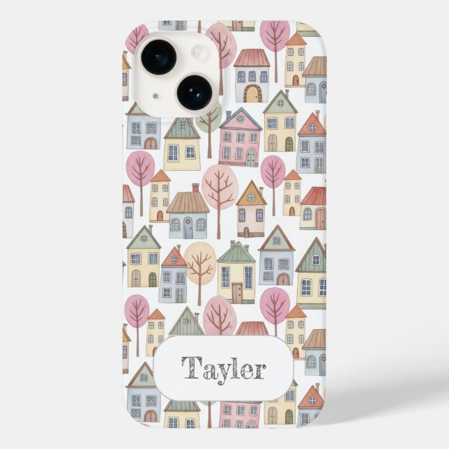 Whimsical Little Houses Illustration Custom Name Case-Mate iPhone Case (Back)