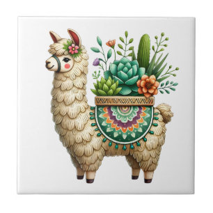 Whimsical Llama and Plants Tile