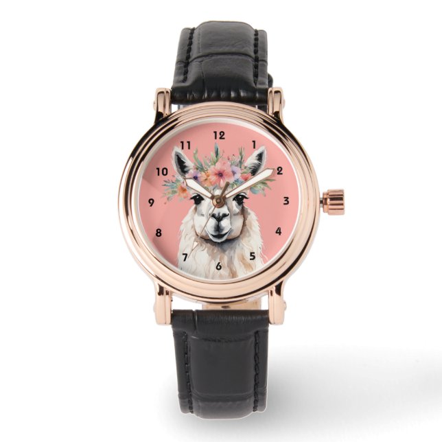 Whimsical Llama Floral Zen Farm Pink Watch (Front)