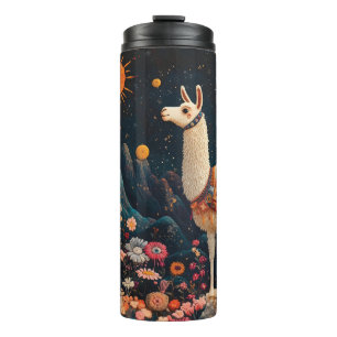 Whimsical Llama in a Starry Floral Landscape Thermal Tumbler