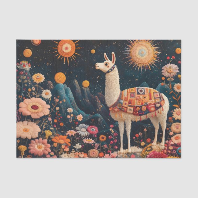 Whimsical Llama in a Starry Floral Landscape Tissue Paper (Front)