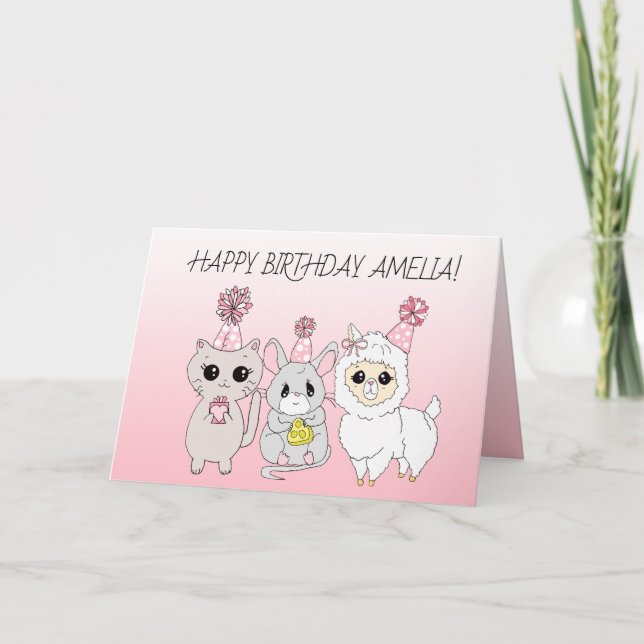 Whimsical Llama, Kitten and Mouse Girl's Birthday Card (Front)