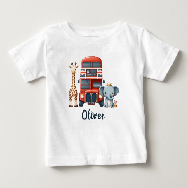  Whimsical London Bus with Giraffe & Elephant Baby T-Shirt (Front)
