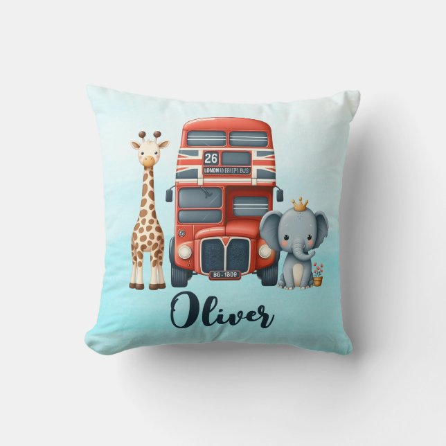  Whimsical London Bus with Giraffe & Elephant Cushion (Front)