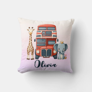 Whimsical London Bus with Giraffe & Elephant Cushion