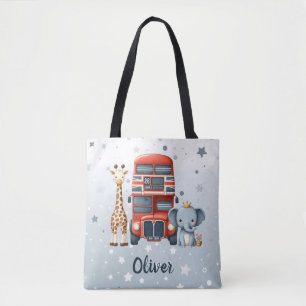 Whimsical London Bus with Giraffe & Elephant Tote Bag