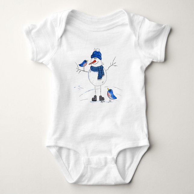Whimsical Long-Legged Snowman Baby Bodysuit (Front)