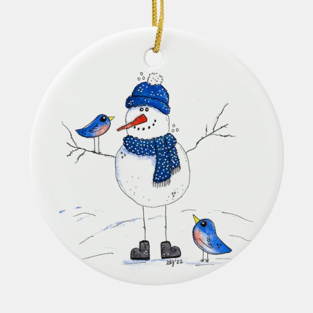 Whimsical Long-Legged Snowman Ceramic Tree Decoration (Front)