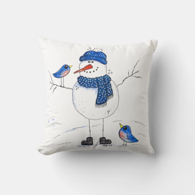 Whimsical Long-Legged Snowman Cushion (Front)