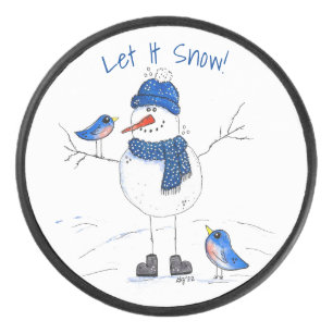 Whimsical Long-Legged Snowman Hockey Puck