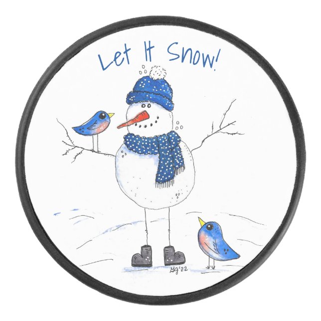 Whimsical Long-Legged Snowman Hockey Puck (Front)