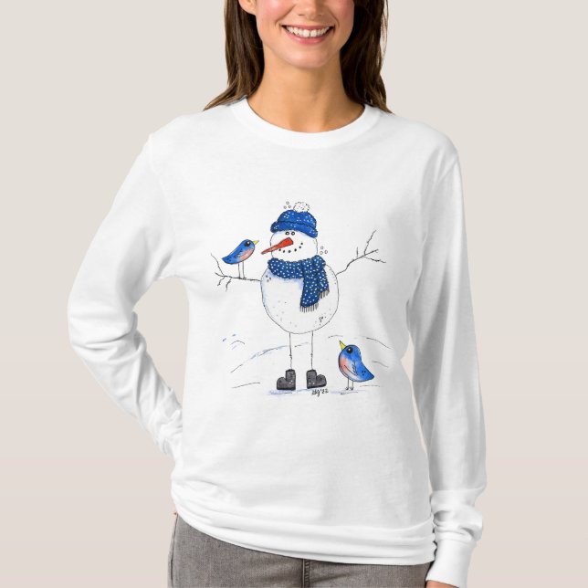 Whimsical Long-Legged Snowman T-Shirt (Front)