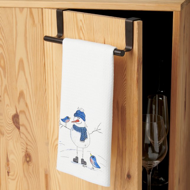 Whimsical Long-Legged Snowman Tea Towel (Thirds Fold)