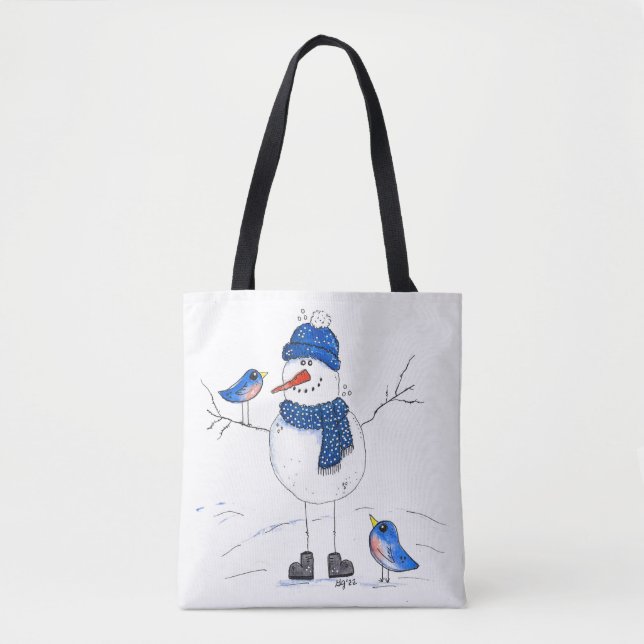 Whimsical Long-Legged Snowman Tote Bag (Front)