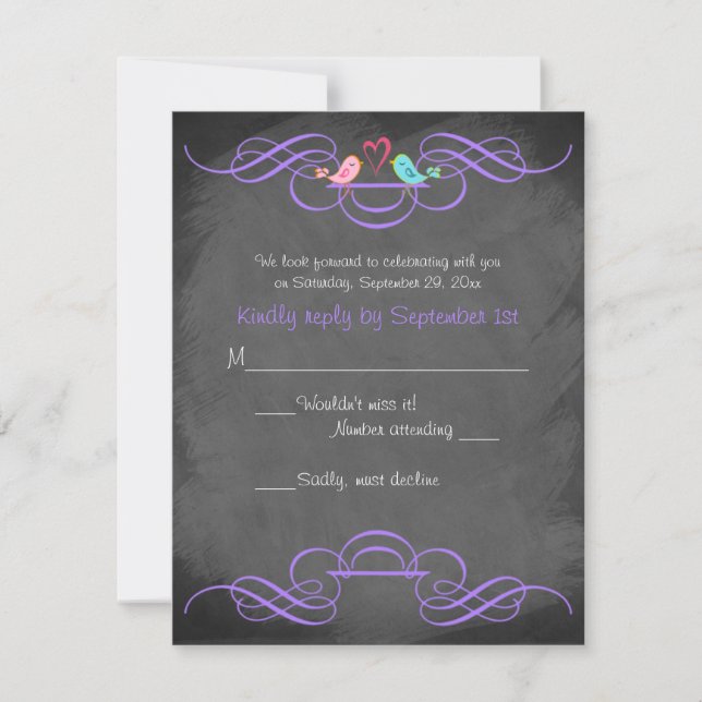 Whimsical Love Birds Chalkboard Wedding RSVP Card (Front)