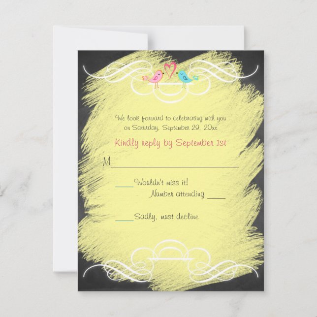Whimsical Love Birds Chalkboard Wedding RSVP Card (Front)
