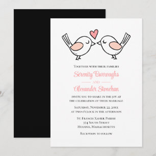 Whimsical Love Birds Pink Lovebirds Black Wedding Invitation