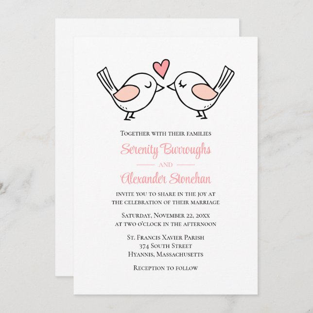 Whimsical Love Birds Pink White Lovebirds Wedding Invitation (Front/Back)