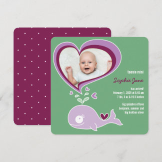 Whimsical Love Purple Whale Baby Girl Photo Birth Announcement