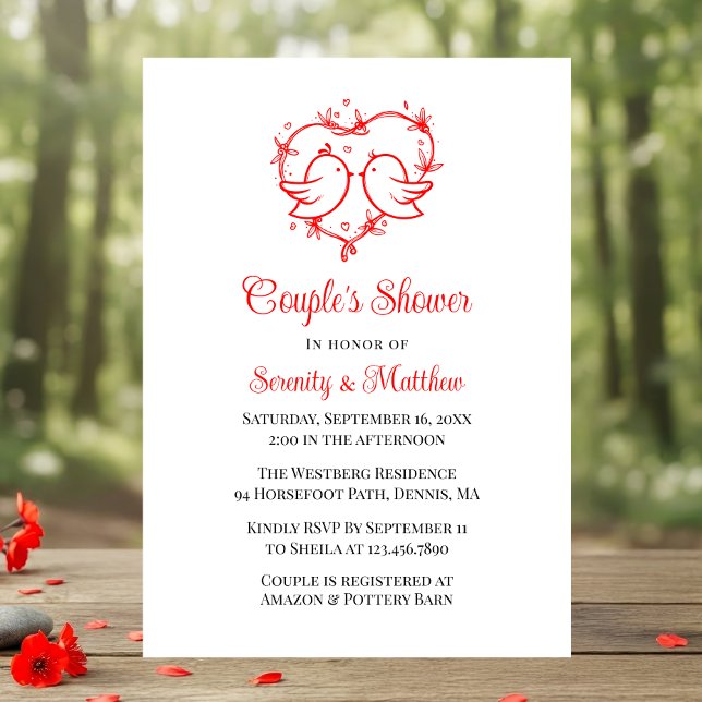 Whimsical Lovebirds Boho Red Heart Bridal Shower Invitation (Creator Uploaded)