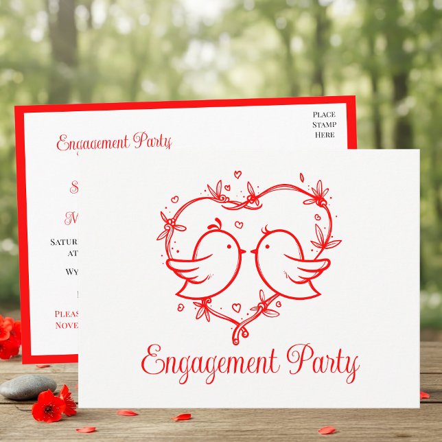 Whimsical Lovebirds Boho Red Heart Bridal Shower Invitation Postcard (Creator Uploaded)