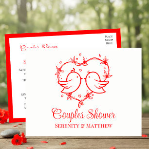 Whimsical Lovebirds Boho Red Heart Couples Shower Invitation Postcard