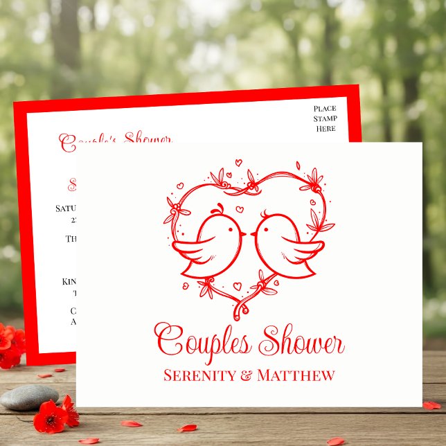 Whimsical Lovebirds Boho Red Heart Couples Shower Invitation Postcard (Creator Uploaded)