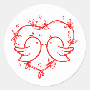 Whimsical Lovebirds Boho Red Heart Garden Wedding Classic Round Sticker