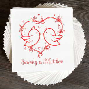 Whimsical Lovebirds Boho Red Heart Garden Wedding Napkin
