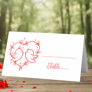 Whimsical Lovebirds Boho Red Heart Garden Wedding Place Card