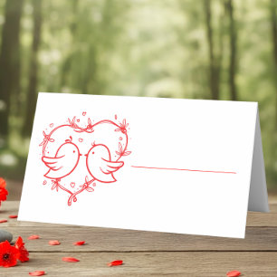 Whimsical Lovebirds Boho Red Heart Garden Wedding Place Card