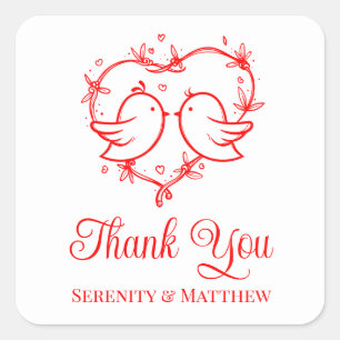 Whimsical Lovebirds Boho Red Heart Thank You Square Sticker