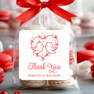 Whimsical Lovebirds Boho Red Heart Thank You Square Sticker