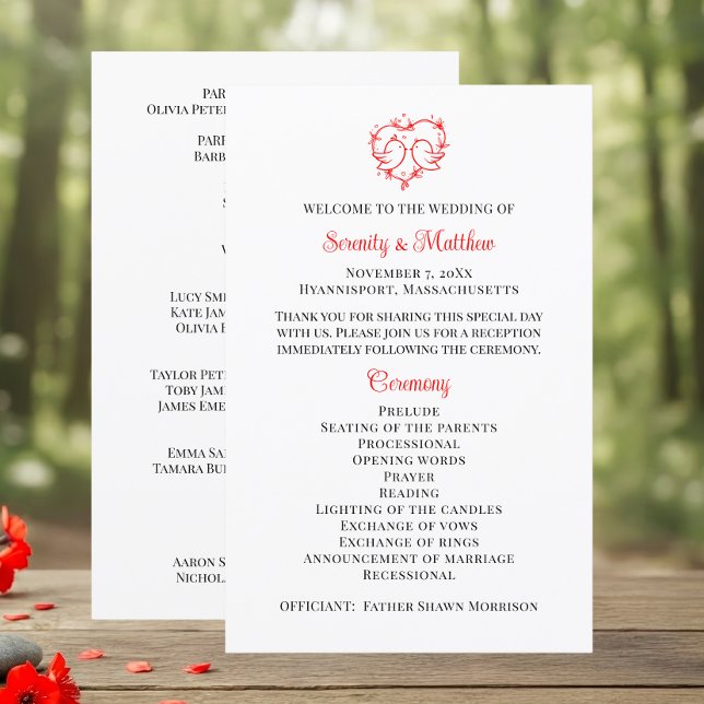 Whimsical Lovebirds Boho Red Heart Wedding Program (Creator Uploaded)
