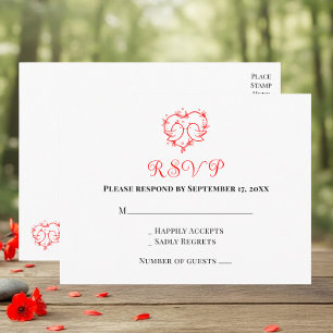 Whimsical Lovebirds Boho Red Heart Wedding RSVP Postcard
