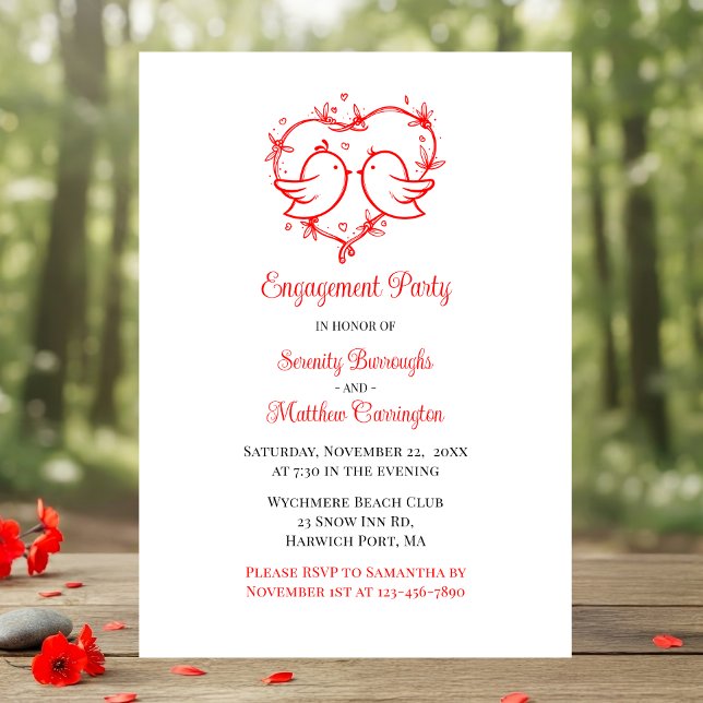 Whimsical Lovebirds Boho Red Love Heart Engagement Invitation (Creator Uploaded)