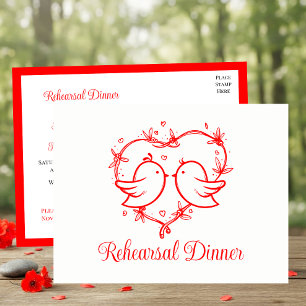 Whimsical Lovebirds Boho Red Love Heart Rehearsal  Invitation Postcard