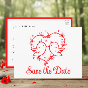 Whimsical Lovebirds Boho Red Wedding Save the Date Announcement Postcard