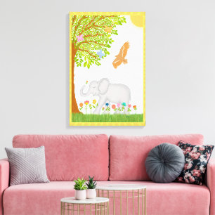 Whimsical Lucky Elephant Nursery Scene Design Canvas Print