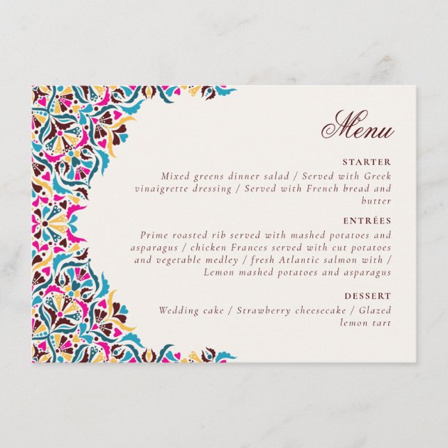 Whimsical Luxury Ivory Floral Style Border Wedding Menu (Front)