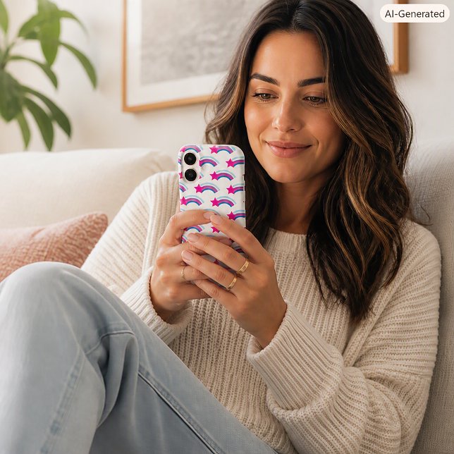 Whimsical Magenta Shooting Star Rainbow Pattern Case-Mate iPhone Case (A phone case with a star and rainbow pattern done in pink, blue and purple.)
