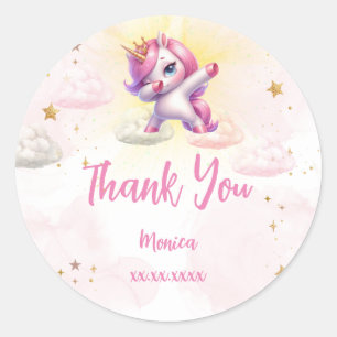 Whimsical magic pink dabbing unicorn kids birthday classic round sticker